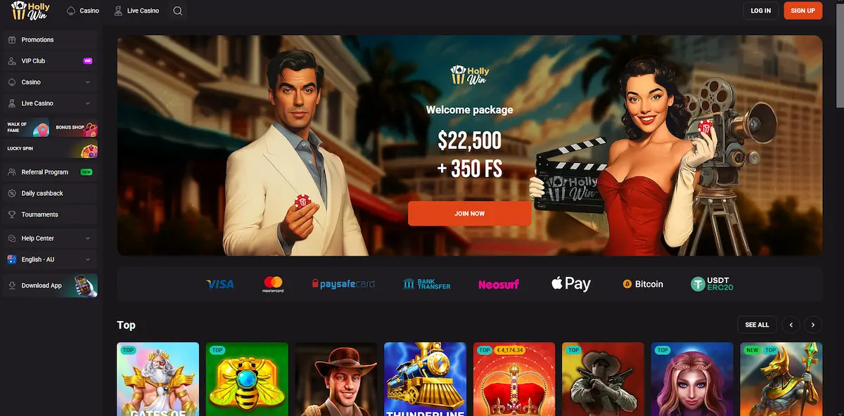 Holly Win casino game lobby with slots and welcome bonus banner