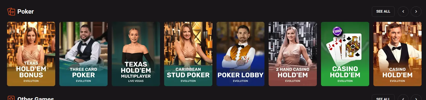 Poker table game accessible from a Holly Win account dashboard
