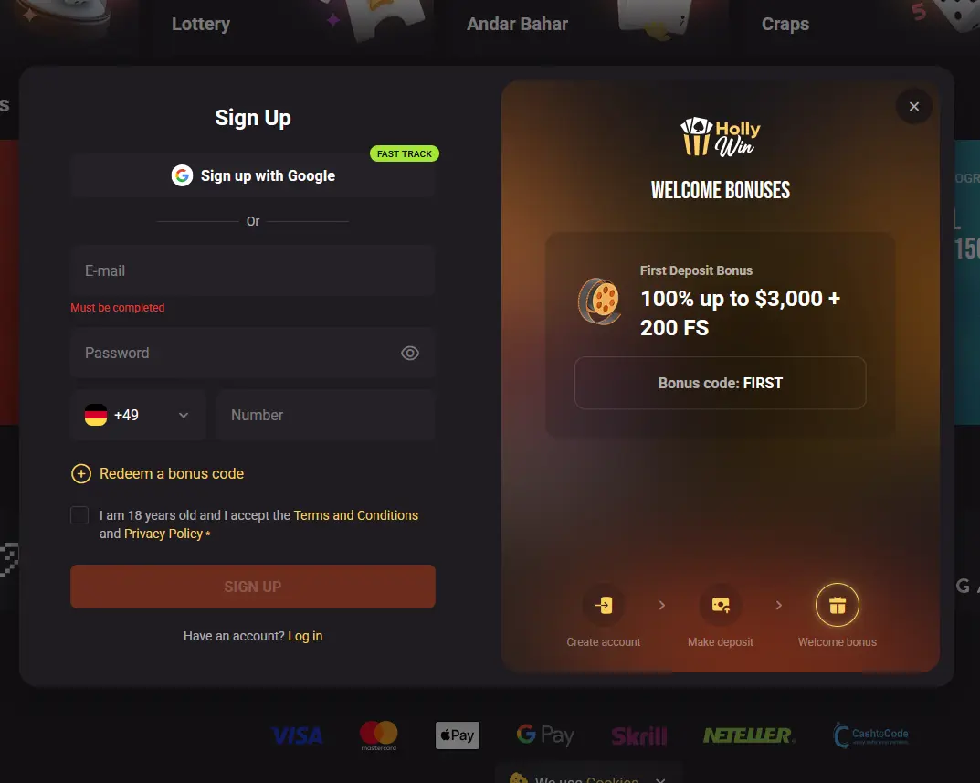 Holly Win casino account registration form